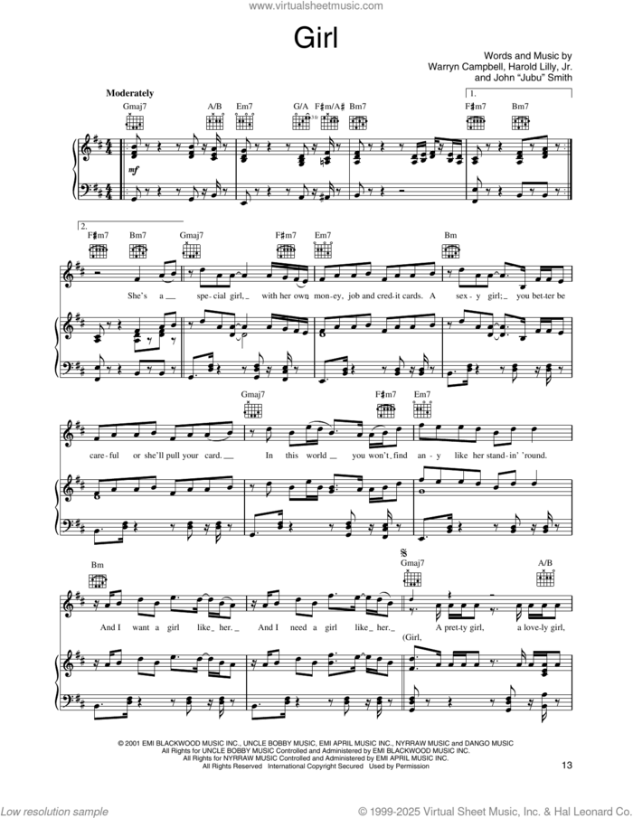 Girl sheet music for voice, piano or guitar by O-Town, Harold Lilly, Jr., John 'Jubu' Smith and Warryn Campbell, intermediate skill level
