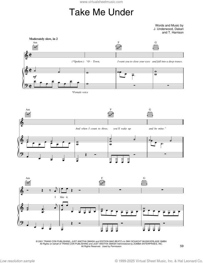 Take Me Under sheet music for voice, piano or guitar by O-Town, Dakari, J. Underwood and T. Harrison, intermediate skill level