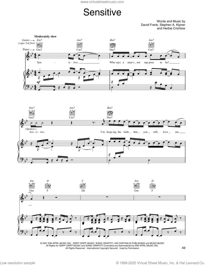 Sensitive sheet music for voice, piano or guitar by O-Town, David Frank, Herbie Crichlow and Stephen A. Kipner, intermediate skill level
