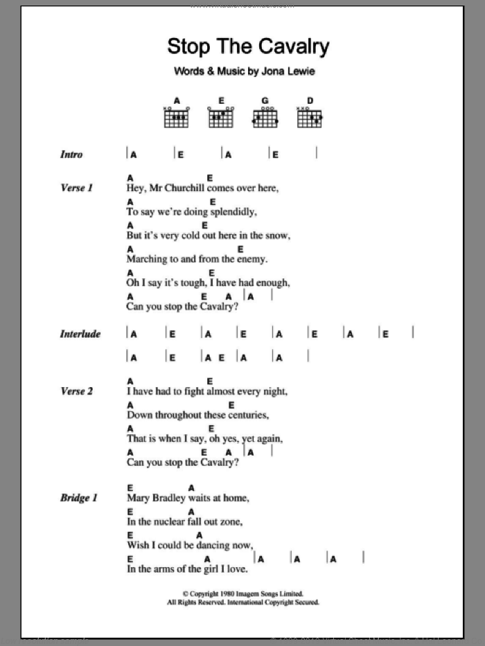 Stop The Cavalry sheet music for guitar (chords) by Jona Lewie, intermediate skill level