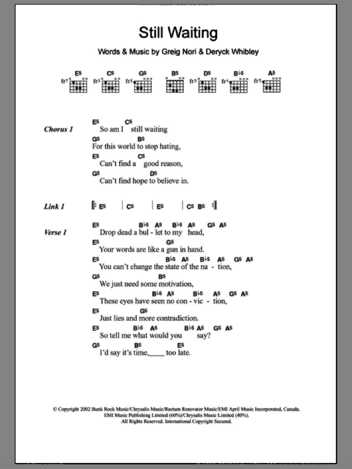 Still Waiting sheet music for guitar (chords) by Sum 41, Deryck Whibley and Greig Nori, intermediate skill level