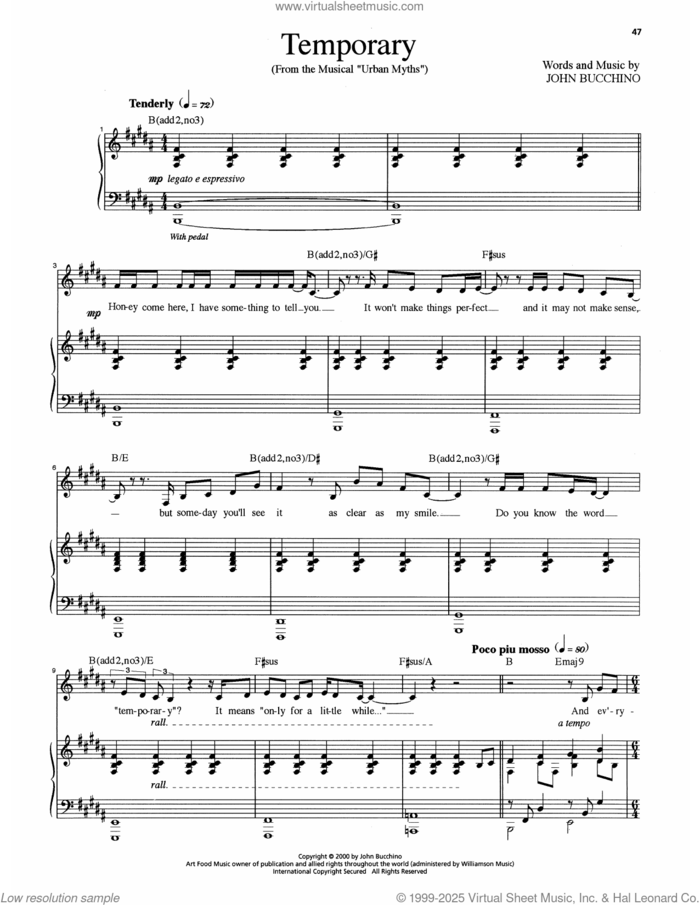 Temporary sheet music for voice and piano by John Bucchino and Lois Sage, classical score, intermediate skill level