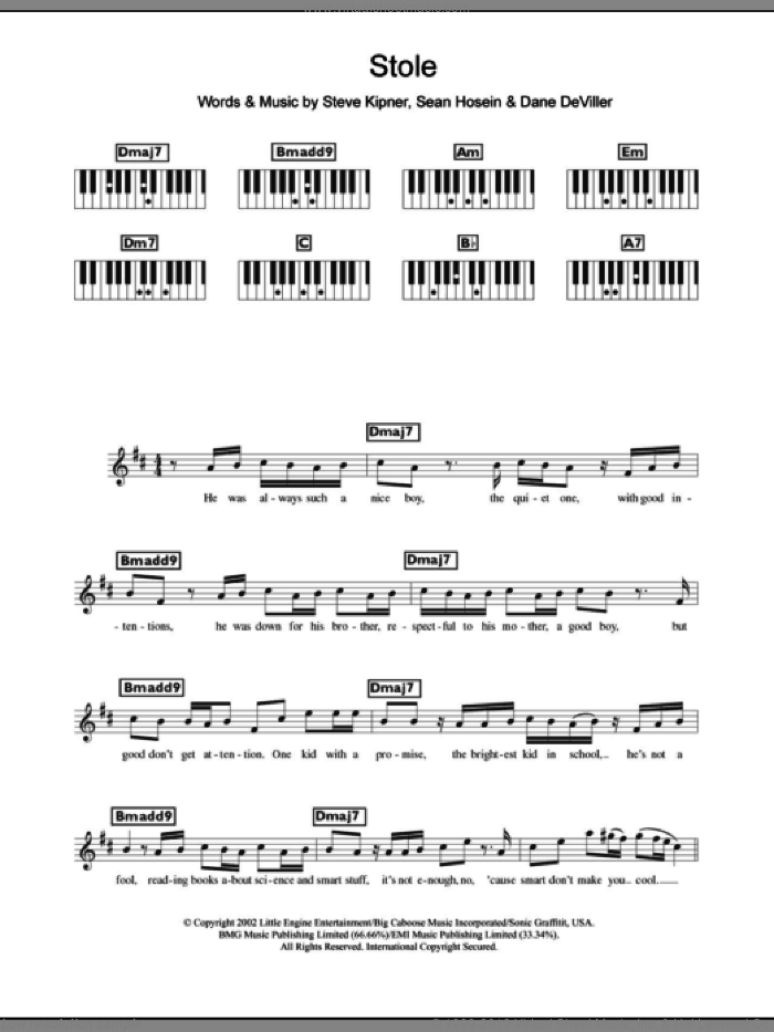 Stole sheet music for piano solo (chords, lyrics, melody) by Kelly Rowland, Dane Deviller, Sean Hosein and Steve Kipner, intermediate piano (chords, lyrics, melody)