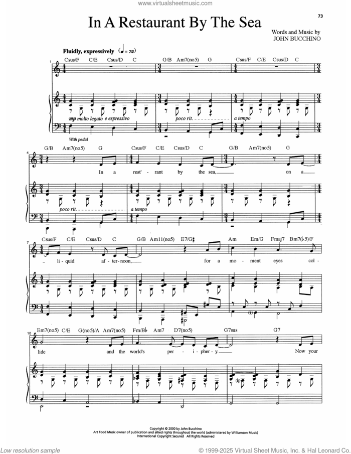 In A Restaurant By The Sea sheet music for voice and piano by John Bucchino and Ann Hampton Callaway, classical score, intermediate skill level