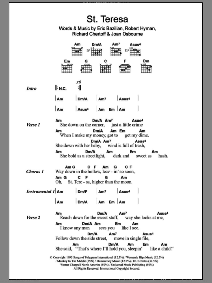 St. Teresa sheet music for guitar (chords) by Joan Osbourne, Eric Bazilian, Richard Chertoff and Rob Hyman, intermediate skill level