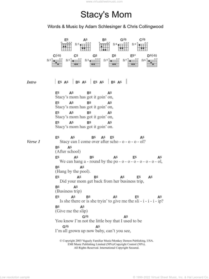 Stacy's Mom sheet music for guitar (chords) by Fountains Of Wayne, Adam Schlesinger and Chris Collingwood, intermediate skill level