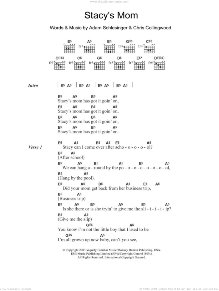 Stacy's Mom sheet music for guitar (chords) by Fountains Of Wayne, Adam Schlesinger and Chris Collingwood, intermediate skill level