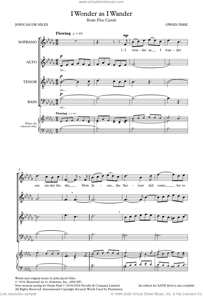 I Wonder As I Wander sheet music for choir (SATB: soprano, alto, tenor, bass) by John Jacob Niles and Owain Park, intermediate skill level