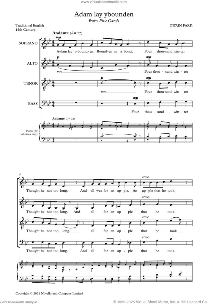 Adam Lay Ybounden sheet music for choir (SATB: soprano, alto, tenor, bass) by Owain Park and Traditional English 15th Century, intermediate skill level