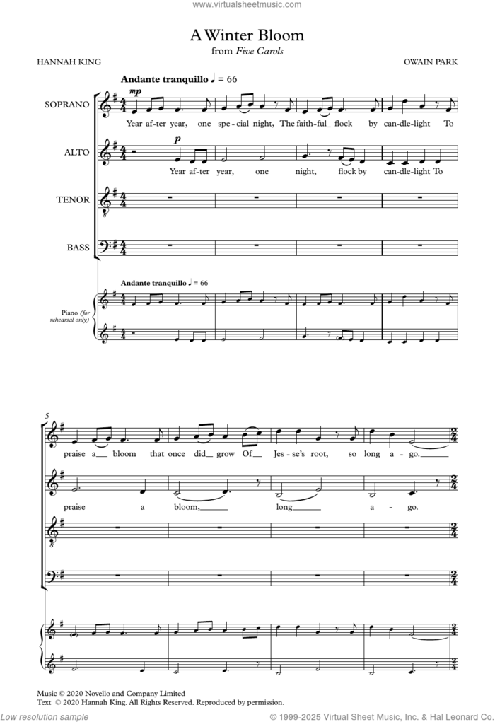 A Winter Bloom sheet music for choir (SATB: soprano, alto, tenor, bass) by Owain Park and Hannah King, intermediate skill level