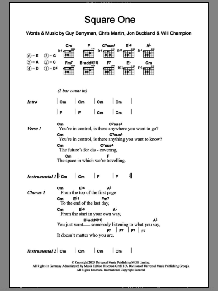 Square One sheet music for guitar (chords) by Coldplay, Chris Martin, Guy Berryman, Jon Buckland and Will Champion, intermediate skill level