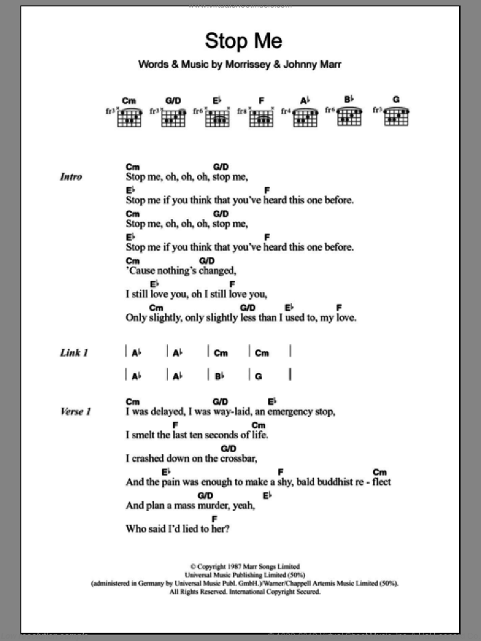 Stop Me If You Think You've Heard This One Before sheet music for guitar (chords) by The Smiths, Daniel Merriweather, Mark Ronson, Johnny Marr and Steven Morrissey, intermediate skill level