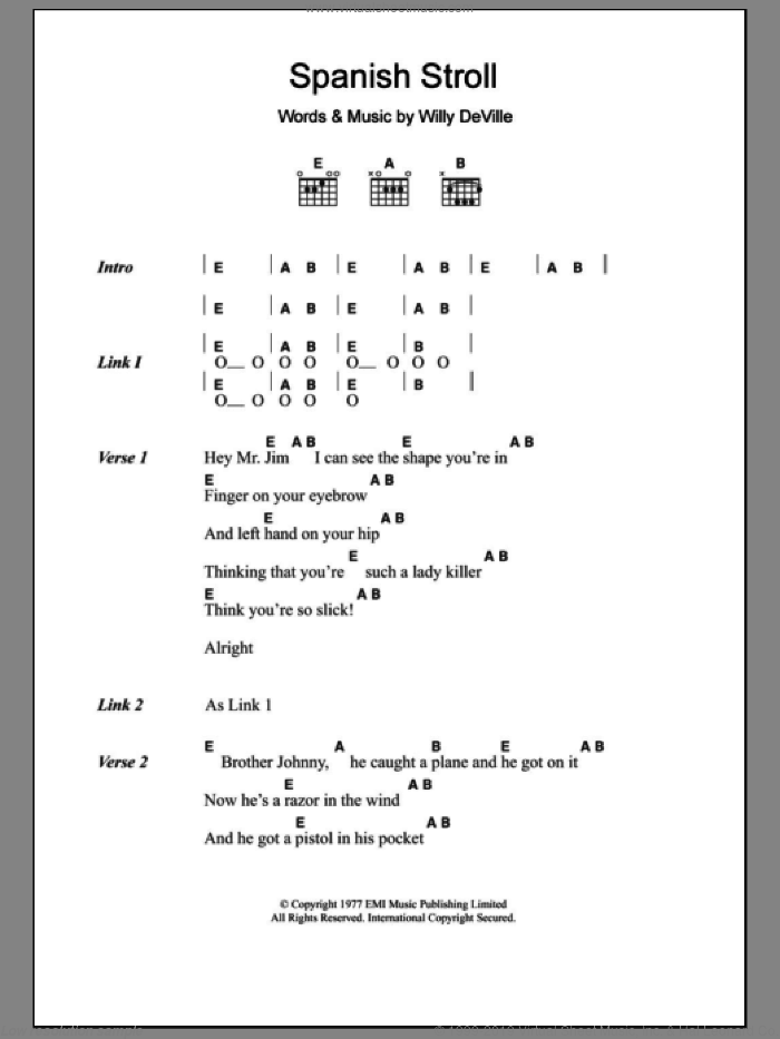 Spanish Stroll sheet music for guitar (chords) by Willy DeVille, intermediate skill level