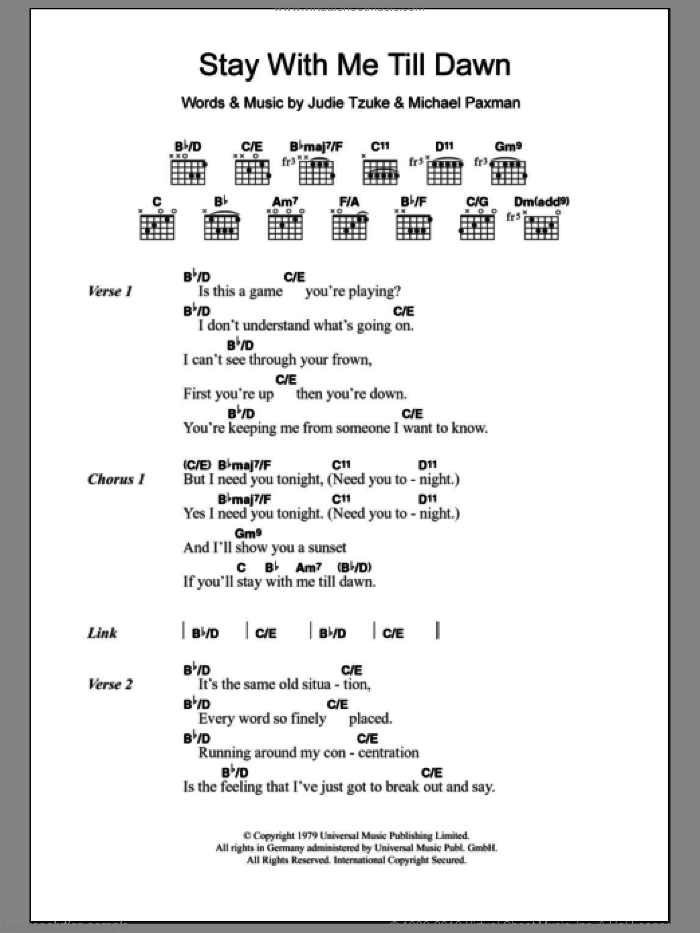 Stay With Me Till Dawn sheet music for guitar (chords) by Judie Tzuke and Michael Paxman, intermediate skill level