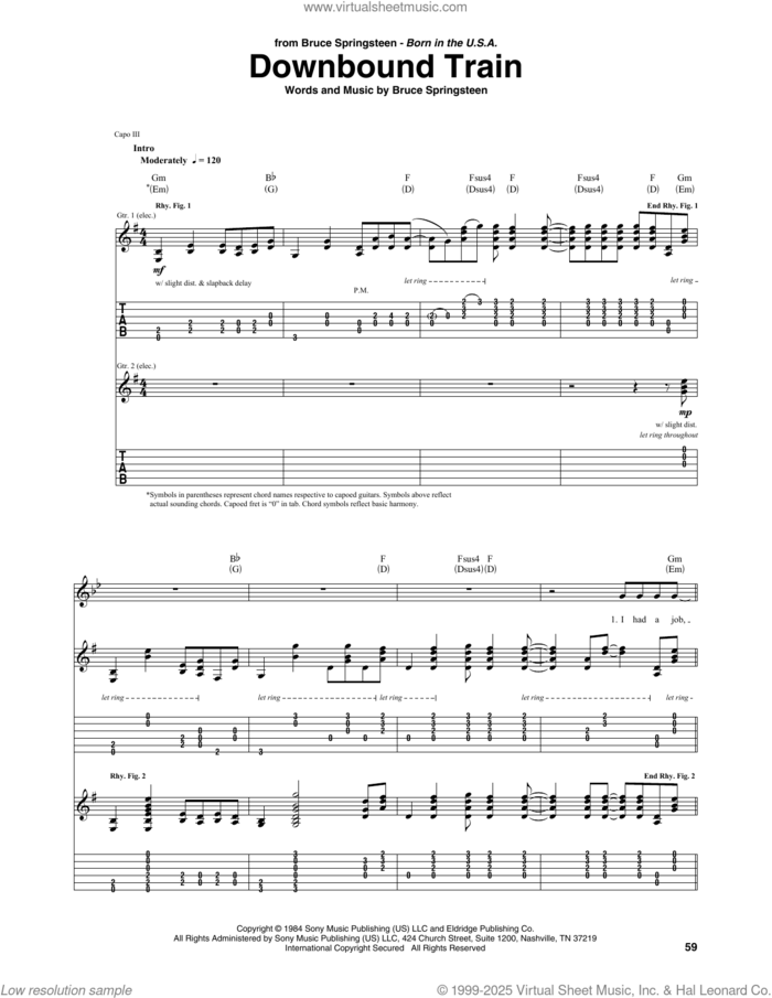 Downbound Train sheet music for guitar (tablature) by Bruce Springsteen, intermediate skill level