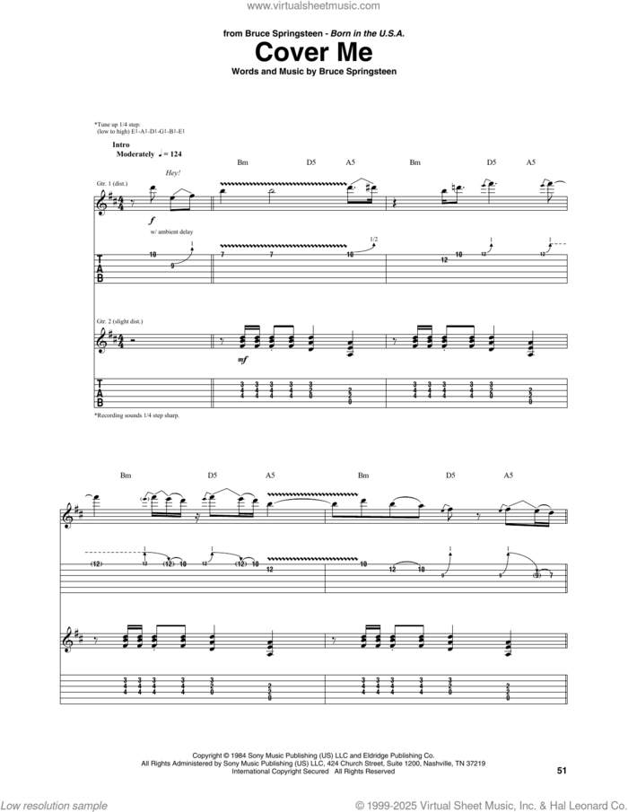 Cover Me sheet music for guitar (tablature) by Bruce Springsteen, intermediate skill level