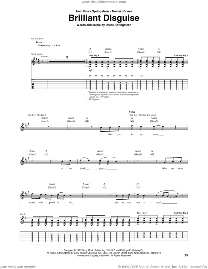 Brilliant Disguise sheet music for guitar (tablature) by Bruce Springsteen, intermediate skill level