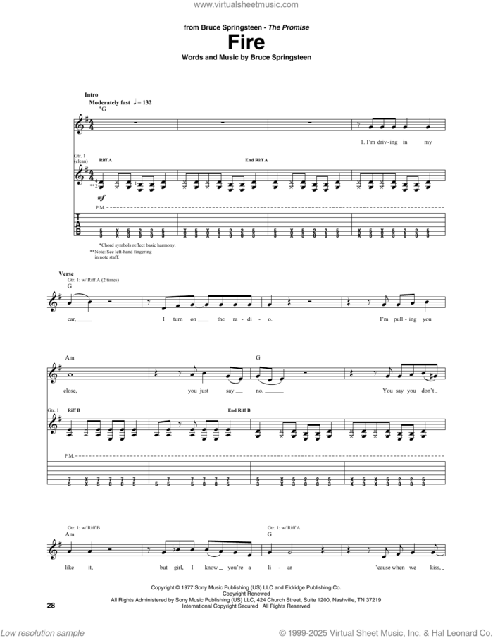Fire sheet music for guitar (tablature) by Bruce Springsteen, intermediate skill level