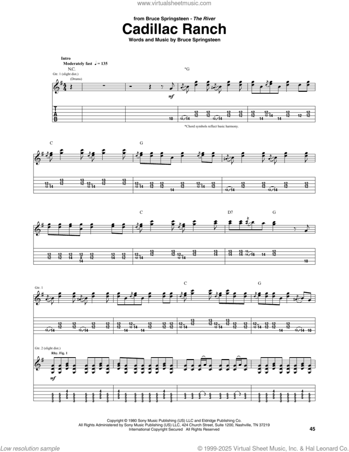 Cadillac Ranch sheet music for guitar (tablature) by Bruce Springsteen, intermediate skill level