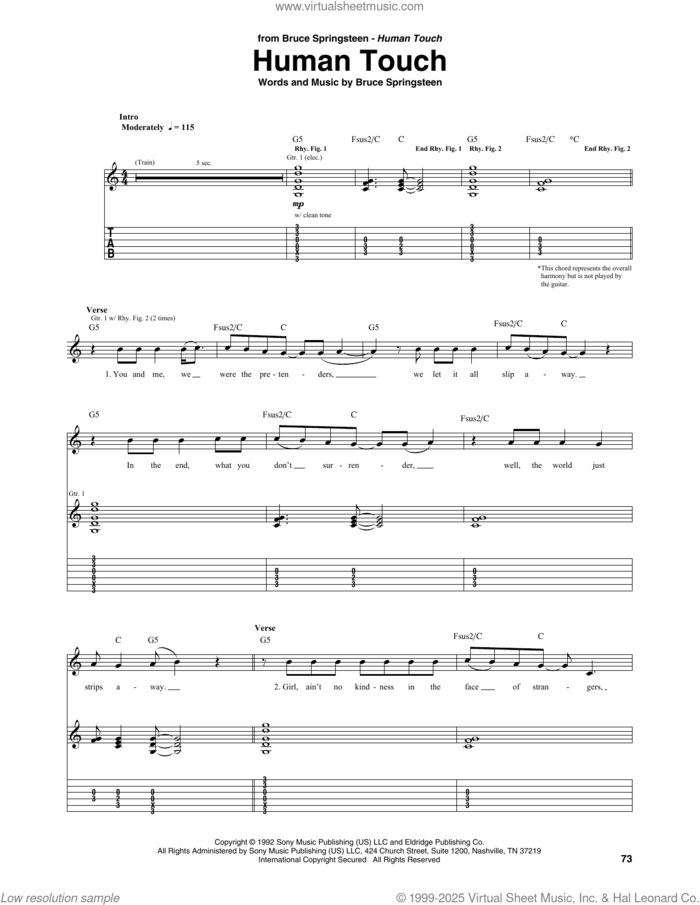 Human Touch sheet music for guitar (tablature) by Bruce Springsteen, intermediate skill level