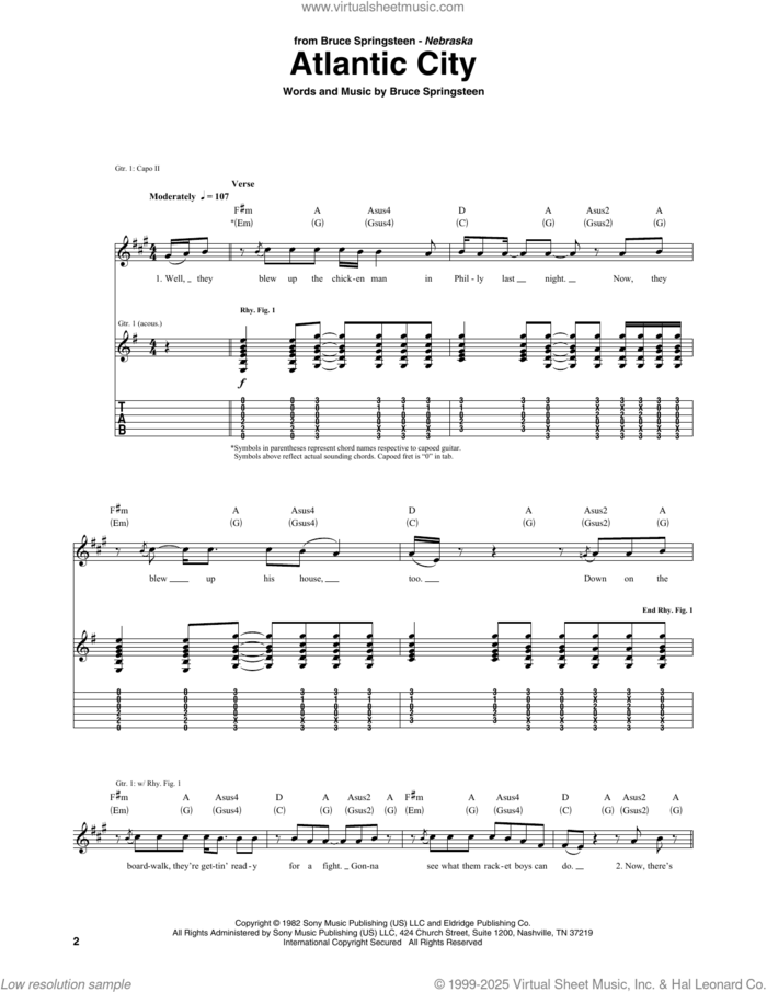 Atlantic City sheet music for guitar (tablature) by Bruce Springsteen, intermediate skill level