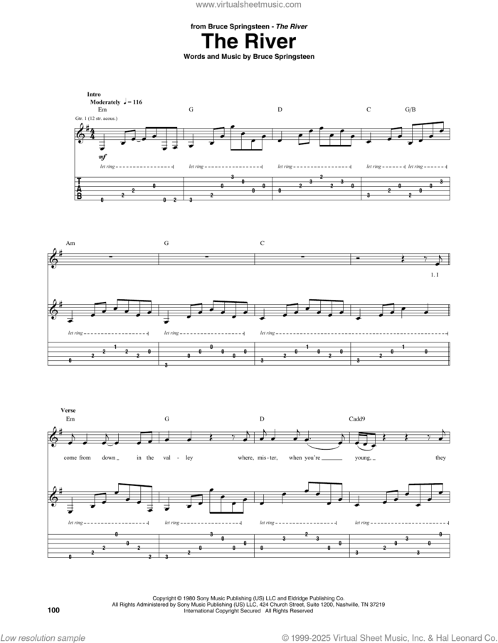 The River sheet music for guitar (tablature) by Bruce Springsteen, intermediate skill level