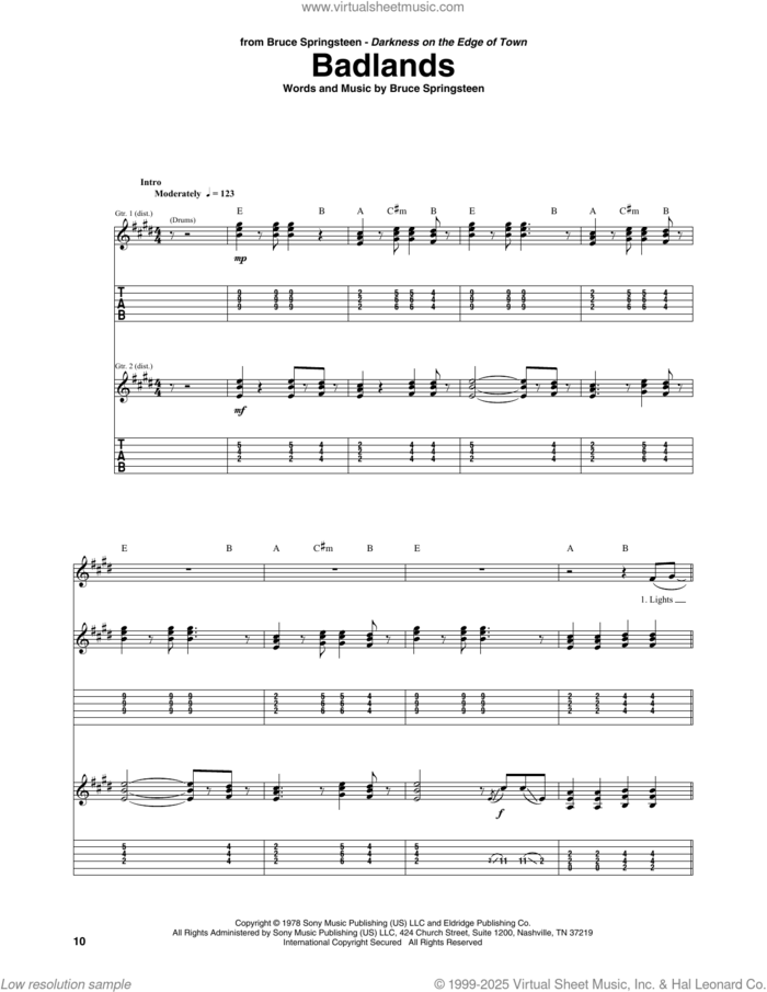 Badlands sheet music for guitar (tablature) by Bruce Springsteen, intermediate skill level