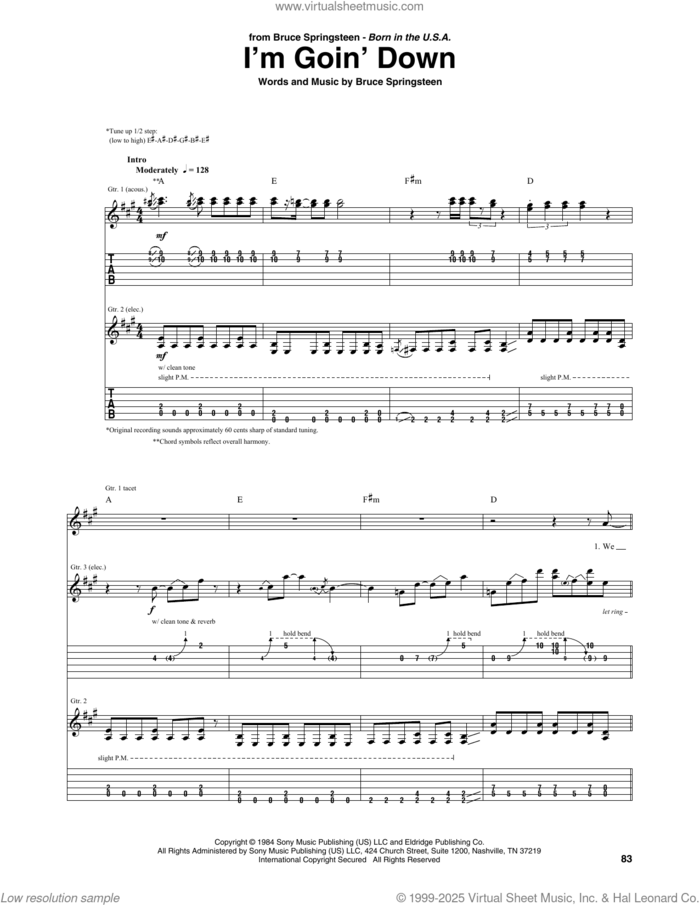 I'm Goin' Down sheet music for guitar (tablature) by Bruce Springsteen, intermediate skill level