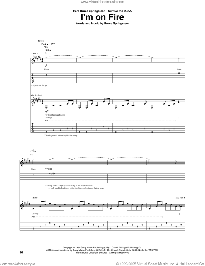 I'm On Fire sheet music for guitar (tablature) by Bruce Springsteen, intermediate skill level