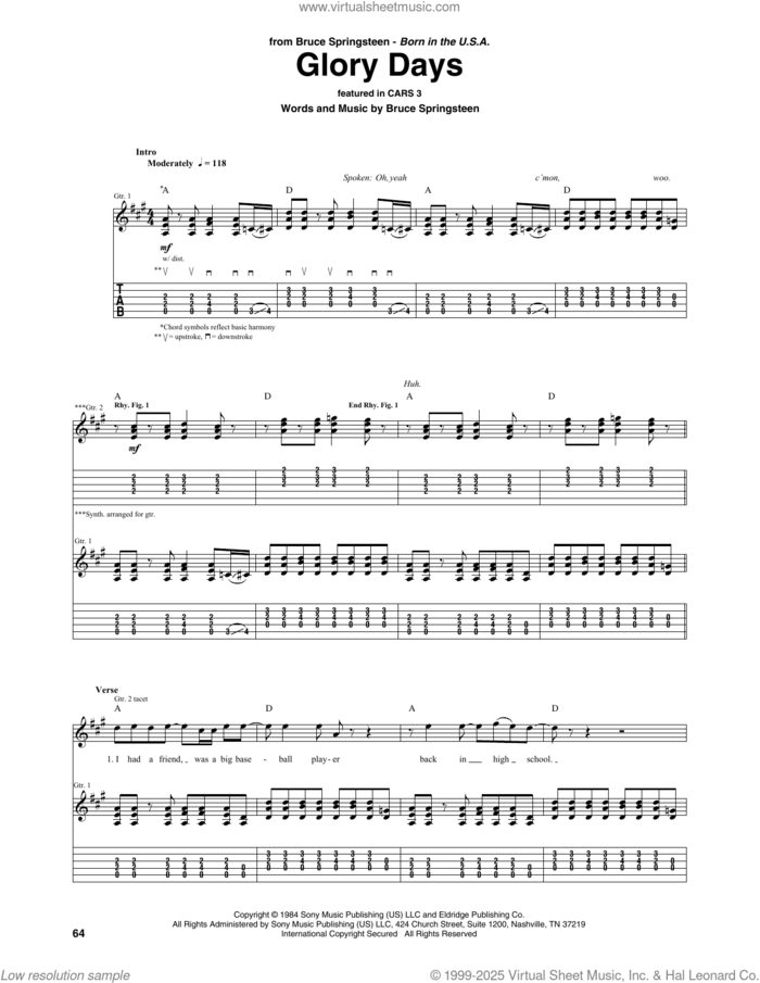 Glory Days sheet music for guitar (tablature) by Bruce Springsteen, intermediate skill level