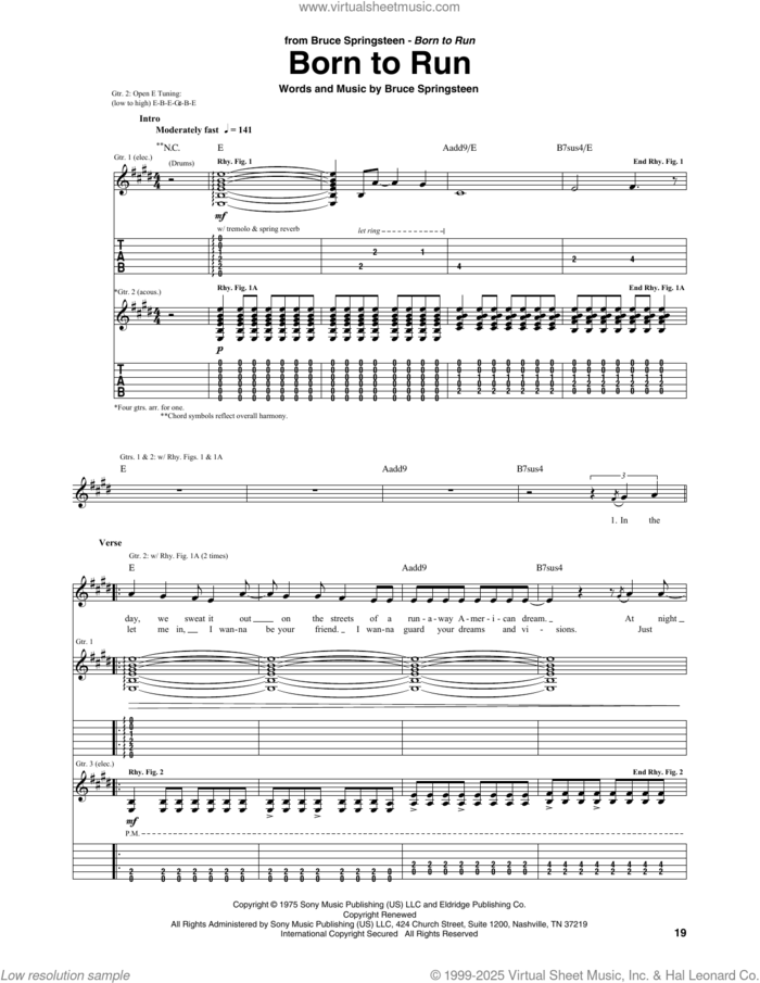 Born To Run sheet music for guitar (tablature) by Bruce Springsteen, intermediate skill level