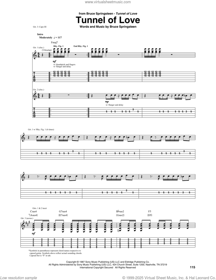 Tunnel Of Love sheet music for guitar (tablature) by Bruce Springsteen, intermediate skill level