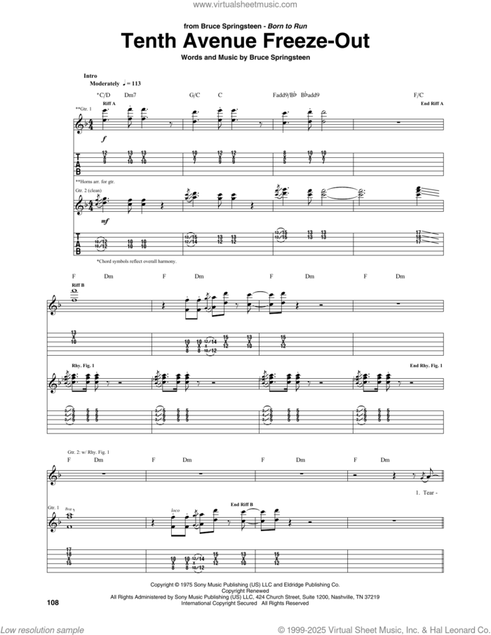 Tenth Avenue Freeze-Out sheet music for guitar (tablature) by Bruce Springsteen, intermediate skill level