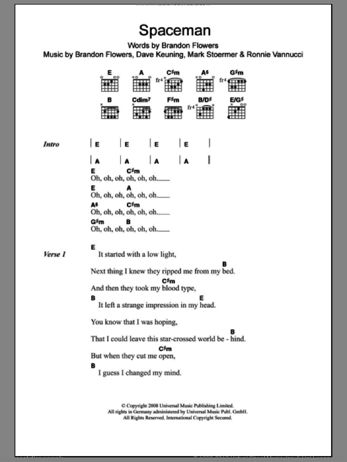Spaceman sheet music for guitar (chords) by The Killers, Brandon Flowers, Dave Keuning, Mark Stoermer and Ronnie Vannucci, intermediate skill level