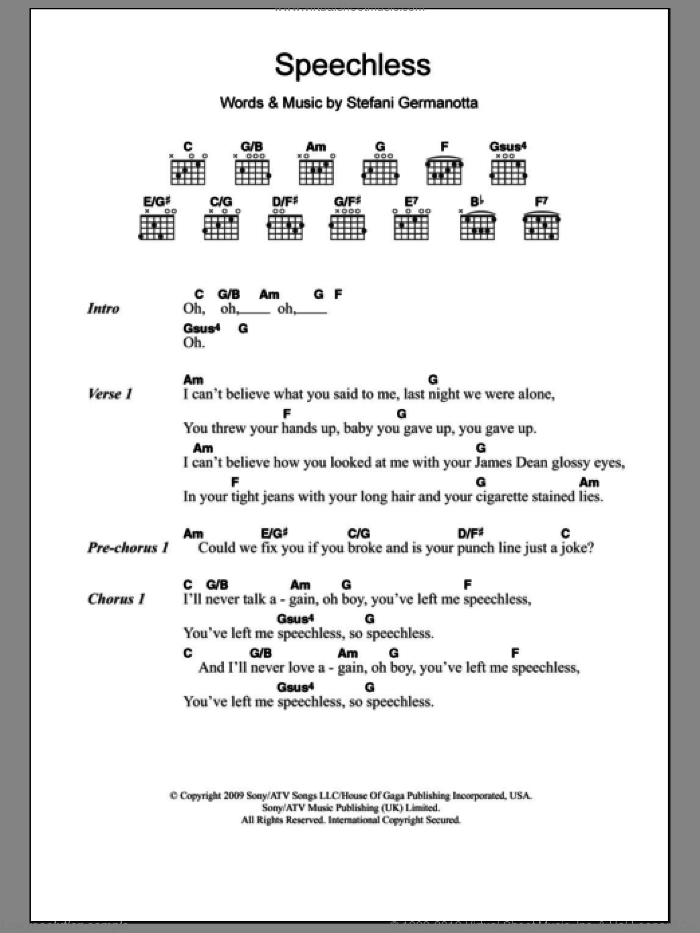 Speechless sheet music for guitar (chords) by Lady GaGa, intermediate skill level