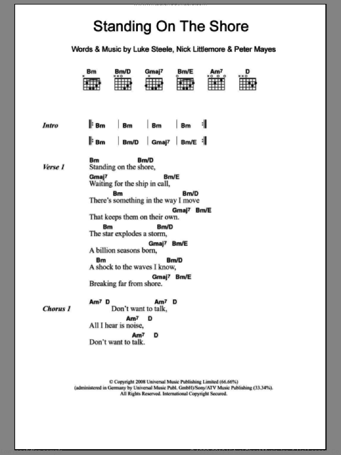 Standing On The Shore sheet music for guitar (chords) by Empire Of The Sun, Luke Steele, Nick Littlemore and Peter Mayes, intermediate skill level