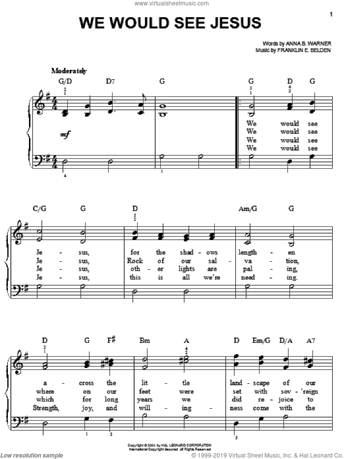 We Would See Jesus sheet music for piano solo by Anna B. Warner and Franklin E. Belden, easy skill level