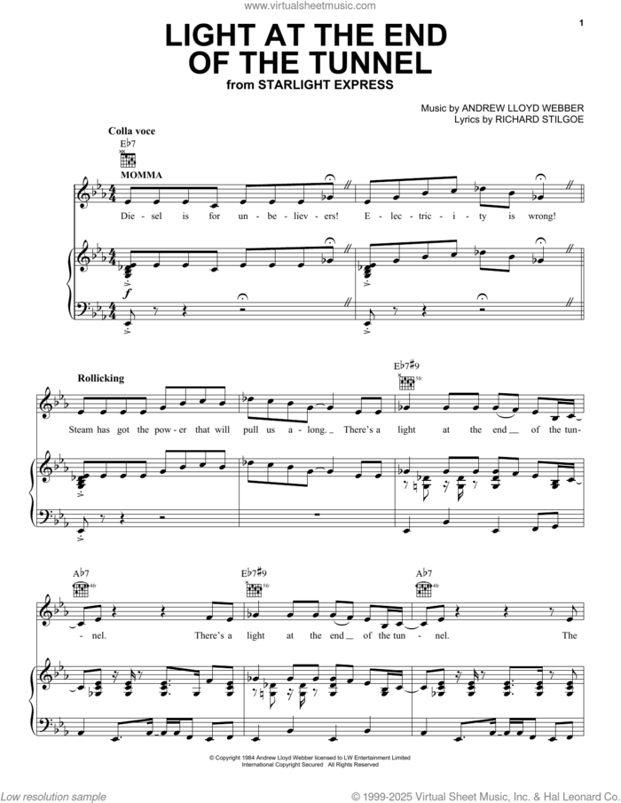 Light At The End Of The Tunnel (from Starlight Express) sheet music for voice, piano or guitar by Andrew Lloyd Webber and Richard Stilgoe, intermediate skill level