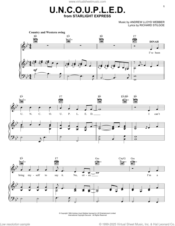 U.N.C.O.U.P.L.E.D. (from Starlight Express) sheet music for voice, piano or guitar by Andrew Lloyd Webber and Richard Stilgoe, intermediate skill level