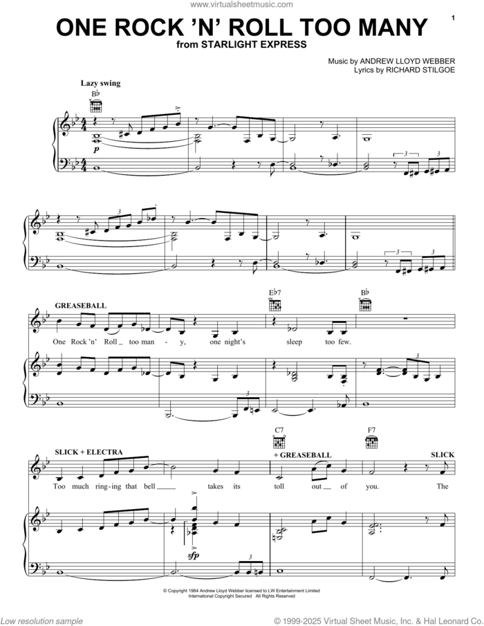 One Rock 'N' Roll Too Many (from Starlight Express) sheet music for voice, piano or guitar by Andrew Lloyd Webber and Richard Stilgoe, intermediate skill level