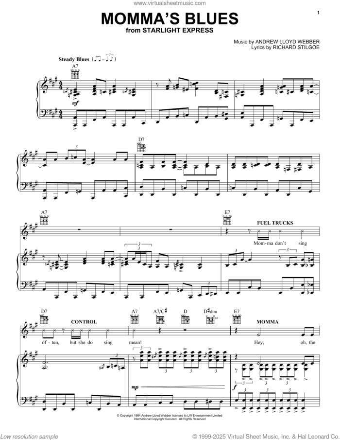 Momma's Blues (from Starlight Express) sheet music for voice, piano or guitar by Andrew Lloyd Webber and Richard Stilgoe, intermediate skill level