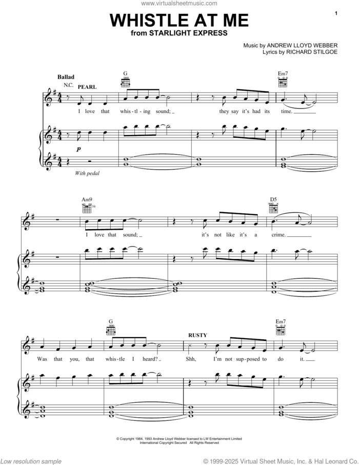 He'll Whistle At Me (from Starlight Express) sheet music for voice, piano or guitar by Andrew Lloyd Webber and Richard Stilgoe, intermediate skill level