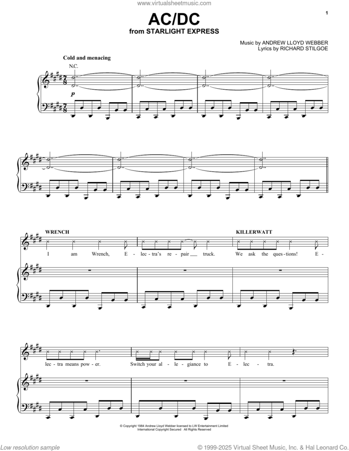 AC/DC (from Starlight Express) sheet music for voice, piano or guitar by Andrew Lloyd Webber and Richard Stilgoe, intermediate skill level