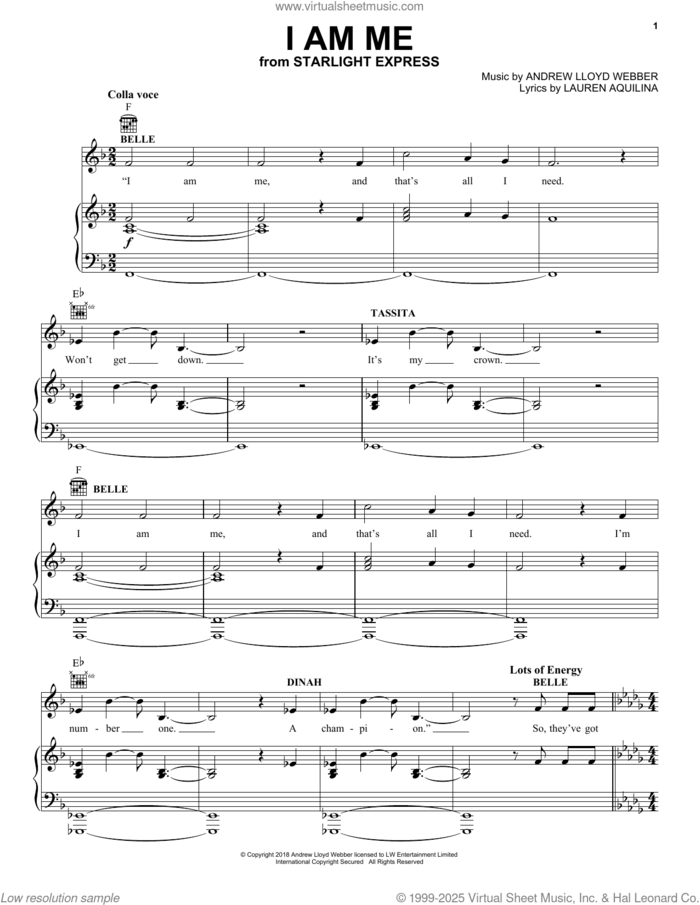 I Am Me (from Starlight Express) sheet music for voice, piano or guitar by Andrew Lloyd Webber and Lauren Aquilina, intermediate skill level