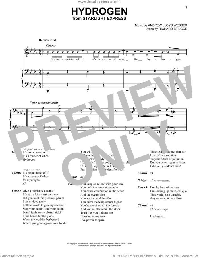 Hydrogen (from Starlight Express) sheet music for voice, piano or guitar by Andrew Lloyd Webber and Richard Stilgoe, intermediate skill level