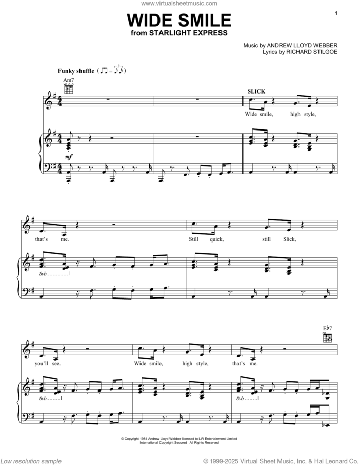 Wide Smile (from Starlight Express) sheet music for voice, piano or guitar by Andrew Lloyd Webber and Richard Stilgoe, intermediate skill level