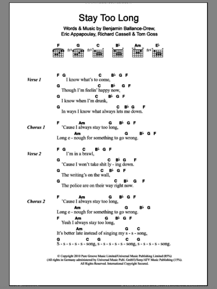 Stay Too Long sheet music for guitar (chords) by Plan B, Benjamin Ballance-Drew, Eric Appapoulay, Richard Cassell and Tom Goss, intermediate skill level
