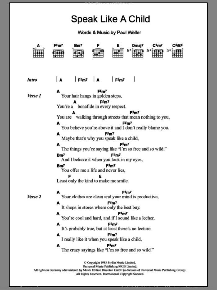 Speak Like A Child sheet music for guitar (chords) by The Style Council and Paul Weller, intermediate skill level