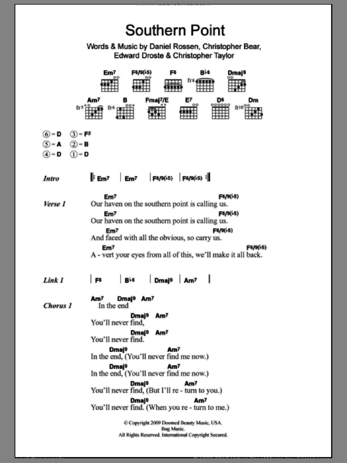 Southern Point sheet music for guitar (chords) by Grizzly Bear, Christopher Bear, Christopher Taylor, Daniel Rossen and Edward Droste, intermediate skill level