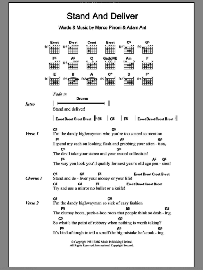 Stand And Deliver sheet music for guitar (chords) by Adam & The Ants, Adam Ant and Marco Pirroni, intermediate skill level